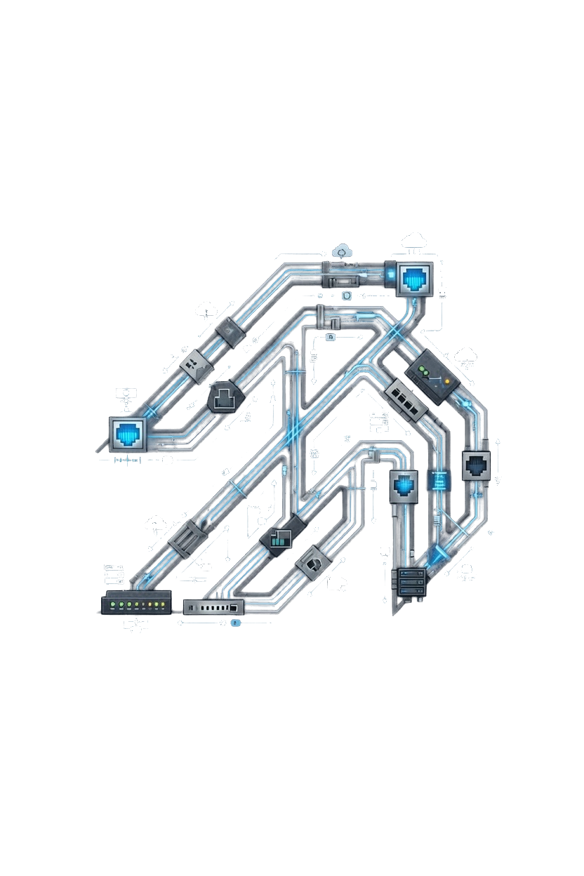 Hieroglyph mark composed of networking infrastructure — routers, switches, servers and cloud nodes